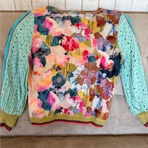 Anthropologie Multicolor Floral Sweater with Mint Sleeves